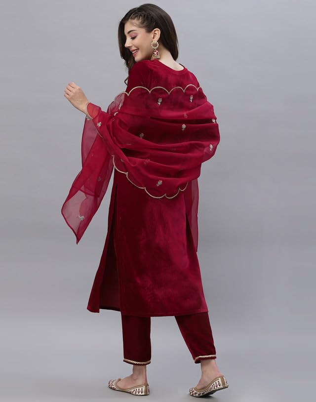 Image of SIRIL Women's Velvet Embroidery Straight Kurta Pant with Dupatta