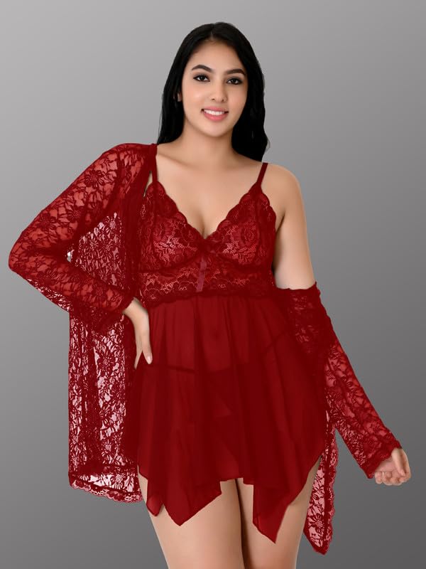 Image of Net Lace Spandex Women Babydoll Nightgown Honeymoon Lingerie Nighty