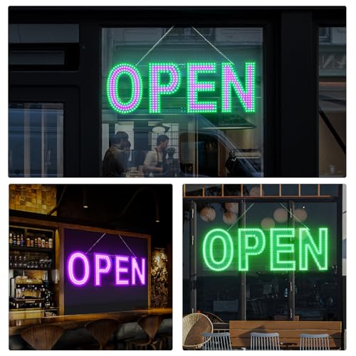 Image of Large LED Open Signs for Business Super Bright - 30x10 in Dimmable Plug-in Electric Neon Sign with Hanging Chain, Flashing Light Signs for Big Window Bar Cafe Salon Barber Shop Pink /Green