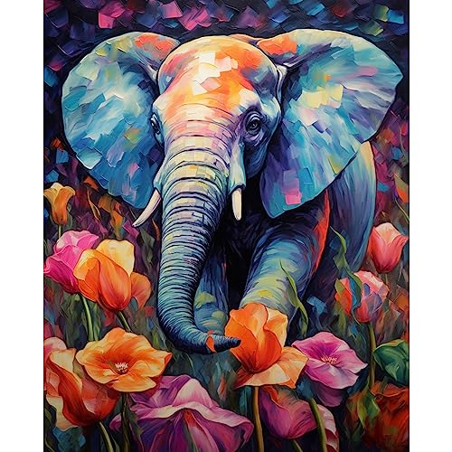Tucocoo Elephant Paint by Number for Adults Beginner, DIY Digital Oil Painting Kits on Canvas with Brushes and Acrylic Pigment, Tulip Flowers Animal Hand-Painted for Home Decor 16x20inch (Frameless)