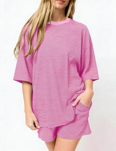 Image of Ythomm Striped Pajamas Shorts Sets Women 2 Piece Lounge Outfits Short Sleeve Tees Drawstring Shorts Summer Matching Pj Sets
