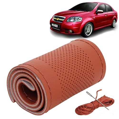 Image of KINGSWAY PU Leatherite Car Steering Cover Sewable Compatible with Chevrolet Aveo (Year 2007-2015), Tan Color with Tan Thread, Pack of 1 with Sewing Needle and Thread