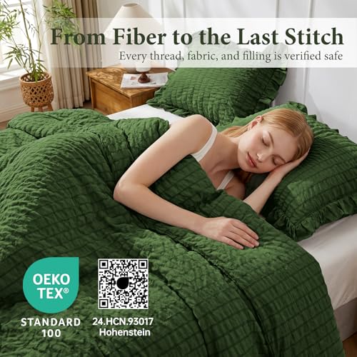 Image of JOLLYVOGUE Dark Green Queen Comforter Set, 3 Pieces Seersucker Comforters Queen Size, Lightweight & Fluffy Bedding Sets Queen for All Season with 1 Ruffle Comforter and 2 Ruffle Pillowshams