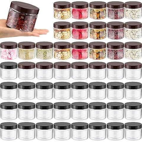Mifoci 50 Pcs 10 Ounce Clear Plastic Jars Containers with Screw on Lids Airtight Wide Mouth Food Storage Jar Cylinder Round Jars for Kitchen Dry Food Butter Honey Cosmetics Cream, Black and Brown Cover