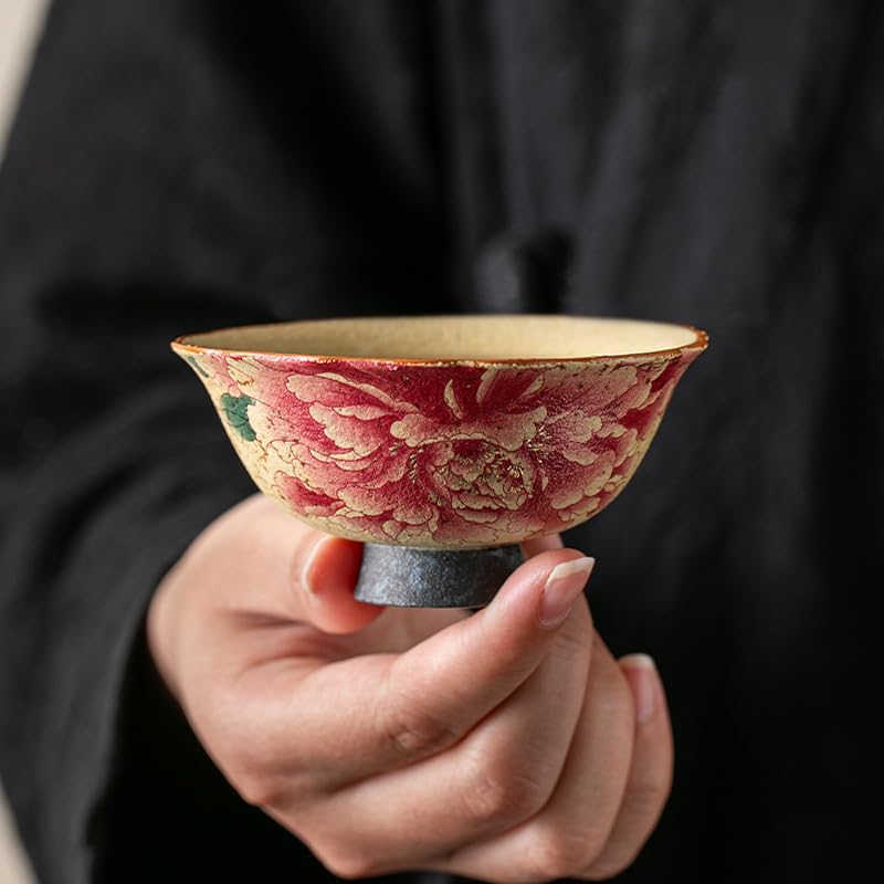 GSOUL Kungfu Tea cup Flint Red Ceramic Master Cup Amazed At The Silence Of Retro Peony Small Single Brewing Tea Household Sets Tasting Cups Small Tea Cups