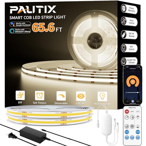 Image of PAUTIX COB LED Strip Light 65.6ft /20m,Work with Alexa /Google Assistant,9600 LEDs Natural White 4000K,CRI93+ Super Bright High Lumen,Dimmable 24V Flexible LED Light Strip,for Home&Office DIY Lighting