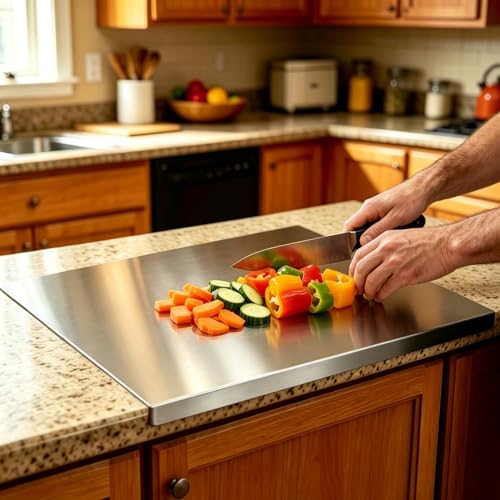 Tablas de corte de acero inoxidable para cocina con borde para encimera, tabla de picar pesada para carne, verduras y frutas, tabla duradera de amasar reversible para repostería miniatura 1