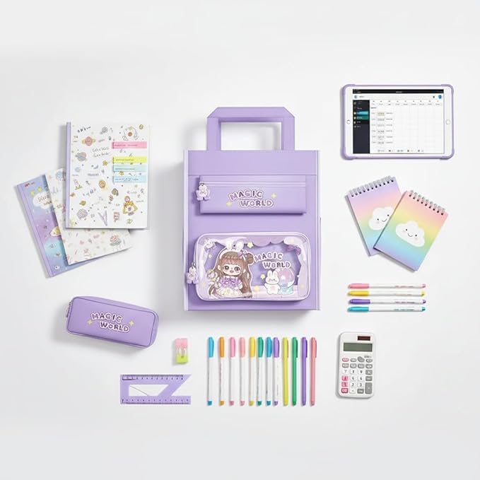 Image of Print Delight Handbag /Tuition Bags for Girls, Test Paper Book Storage Bags Kids Handmade Art Supplies Bag Tutoring Backpack Thick Waterproof Bags for Kids (Purple Magic World Bag)