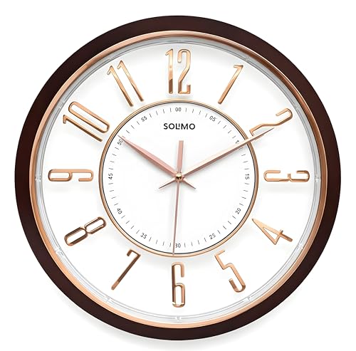 Image of Amazon Brand - Solimo 12.7 Inches Silent Wall Clock for Living Room Bedroom Office Wooden Look Plastic 3D Easy to Read Numbers Modern Stylish Sweep Movement Wall Clock for Home - 1600TS (Wood Copper)