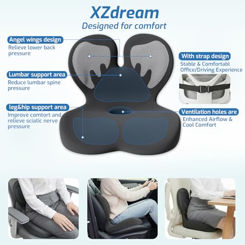 Image of Seat Cushion, Office Chair Cushion with Lumbar Support Pillow, Memory Foam Car Cushions, for Long Sitting, Tailbone & Back Pressure Relief,Sciatica Pad for Office, Car, Home Chairs