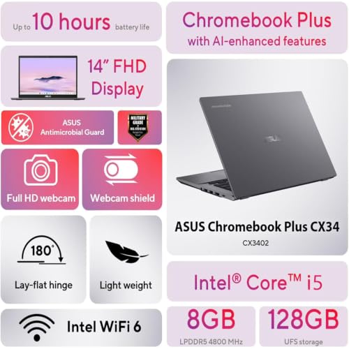 Image of ASUS Chromebook Plus CX34 Touchscreen Laptop Intel i5-1335U - 8GB RAM 128GB+128G SSD+2TB Cloud Storage -14inch FHD Display -HDMI USB C -Goole AI Laptop School Students Kids 8-12