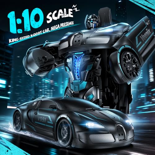 Image of Veeniix V991 1:10 Large Transform Remote Control Car, 2-in-1 RC Robot Toy Car with One-Button Deformation, Gesture Sensing, Cool Birthday Gift for Boys Girls Ages 4-12, 2 Batteries for 70 Mins, Black