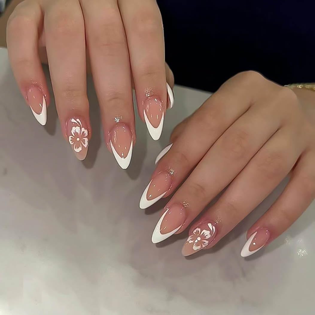 RikView French Tips Nails Almond Press on Nails Medium Acrylic Nails White Nails Glossy Full Cover Nails for Women 24 PCs/Set