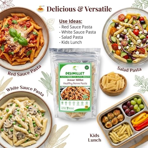 Image of DESIMILLET Jowar Millet Pasta | No Maida, Easy to Digest | Rich in Anti-Oxidant, High Fibre, Iron-Rich Vegan Breakfast | Control Blood Sugar, Diabetic Friendly for Adults - 450 GM (Pack of 3)