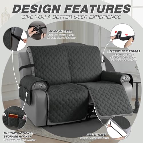 Image of TAOCOCO 100% Waterproof Recliner Covers, Recliner Sofa Covers with Leg Straps, Reversible Recliner Couch Cover for Reclining Chair, Washable Couch Protector for Pets Kids(2 Seater, Charcoal Gray)