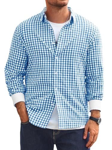 Runcati Camisa de hombre a cuadros de manga larga para el tiempo libre, corte regular, camisa tradicional Oktoberfest, con botones, sin planchado, camiseta informal, azul, XL