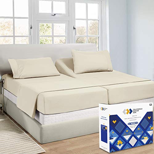 California Design Den Luxury Adjustable Split King Bedsheets, Soft 100% Cotton, 1000 Thread Count, Snug Fit, 5Pc Set with 2 Twin-XL Fitted Sheets, Sateen Weave, Sheet Sets & Pillowcases Ivory