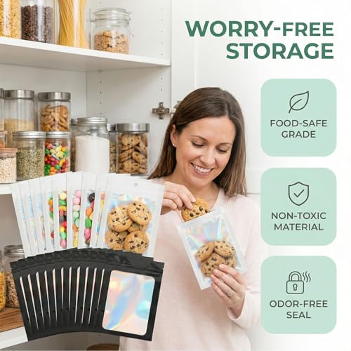 FooYee 100 Stück Ziplock Beutel 7×10 cm, Wiederverwendbare Holografische Kunststoffbeutel, Transparentes Frontfenster, Dicht Verpackungsbeutel für Schmuck, Bastelbedarf, Süßigkeiten und Kleinwaren