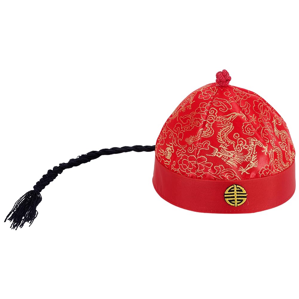 arricraft Adult Chinese Ancient Royal Emperor Hat with Long Braid, Qing Dynasty Royal Hat with Dragon Pattern Oriental Hat Party Cosplay for Asian Costume Stage Performance Dress up Photography (Red)