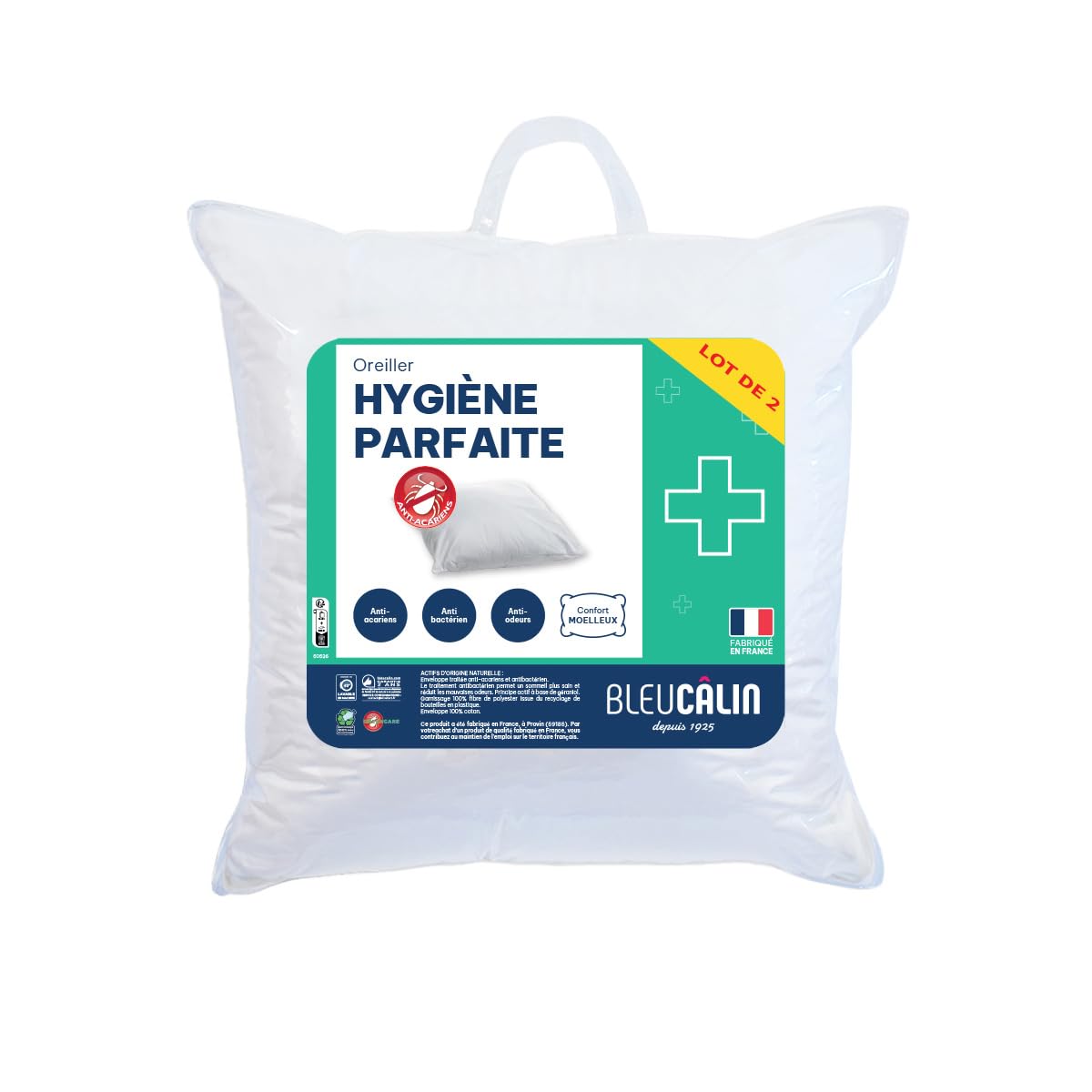 Bleu Câlin 2er-Set Rechteckige Kissen Anti-Milben, Anti-Bakterien, Flauschiger Komfor,t 60x60 cm, Hülle 100% Baumwolle, Sortiment Perfekte Hygiene
