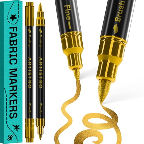 ARTISTRO 2 Gold Dual-Tip Fabric Markers - Fabric Decorating Kit - Permanent for Clothes - Acrylic Paint Pens for Sneakers Bags Shoes Textile Canvas Sewing Craft DIY - Brush and Fine Tip