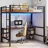 ANCTOR Loft Bed Twin Size with Desk and 4 Storage Shelves, Metal Loft Bed Frame with Power Outlet and LED Lighted, Safety Guard & Ladder, Space-Saving, Noise Free, Black