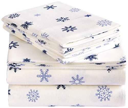 80% Off Discount Amazon Brand – Pinzon Cotton Flannel Bed Sheet Set - King, Falling Snowflake Blue