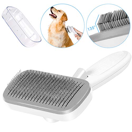SlowTon Self Cleaning Pet Brush, Steel Wire Slicker Brush Shedding Grooming Tool Comb with Protect Cover, Easy to Remove Loose Hair Tangle Knots, Suitable for Thick Long Hair Middle Large Dog Cat (W)