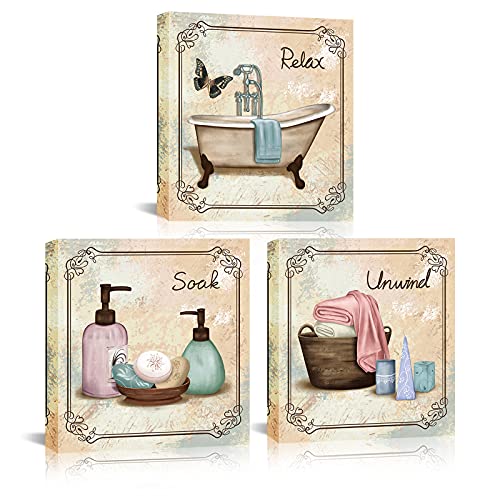 Image of SkenoArt Bathroom Canvas Wall Art Relax Soak Unwind Quote Picture Print Vintage Paintings Posters Great Gift Home Artwork Framed Ready to Hang 12x12inchx3Pieces