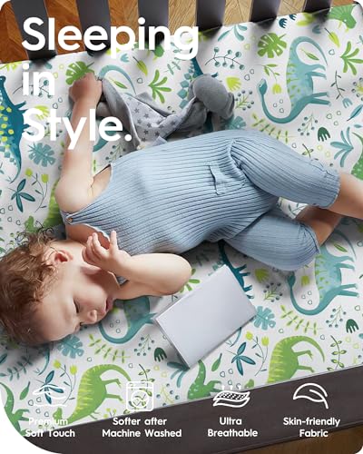 Image of Dinosaur Crib Sheets for Boys, Premium Soft Crib Mattress Fitted Sheet, Ultra Breathable Baby Sheets, Super Stretchy Baby Bed Sheets 28x52x9 Extra Deep Pocket, 2 Pack
