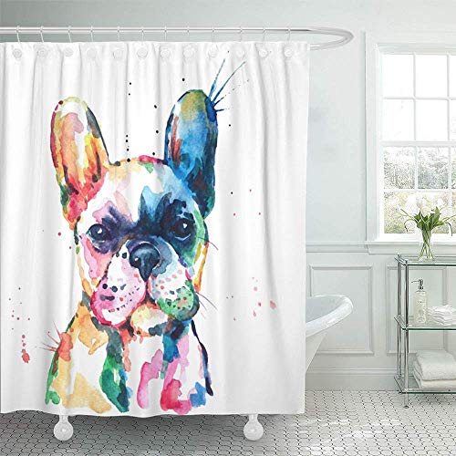 JOOCAR Frenchie Rideau de douche Motif bouledogue français original aquarelle de chien arc-en-ciel, tissu imperméable pour salle de bain avec crochets