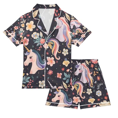 senya Cute Unicorn in Flowers Satin Summer Pajama Sets Silk Short Sleeve Button Down Sleepwear