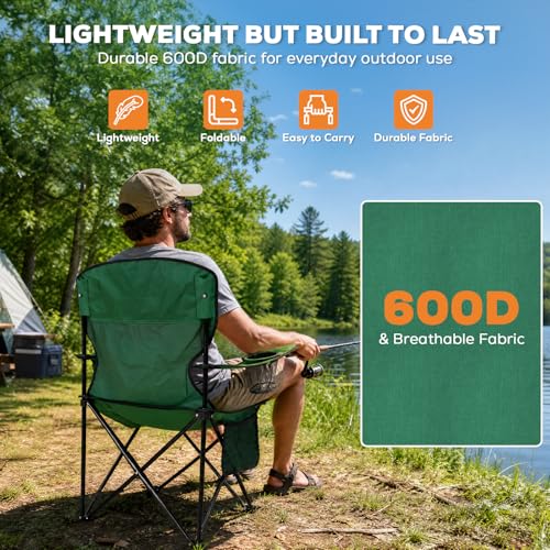 Image of Romswi 2 Pack Camping Chairs, Heavy Duty Folding Chair with 4-Can Cooler Bag, Portable Outdoor Chair with Cup Holder for Lawn, Beach, Fishing, Green
