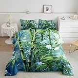 Feelyou Bamboo Pattern Comforter Set King Size Green Blue Bedding Set Nature Plants Comforter for Women Men Nutrue Theme Quilt Set 3Pcs
