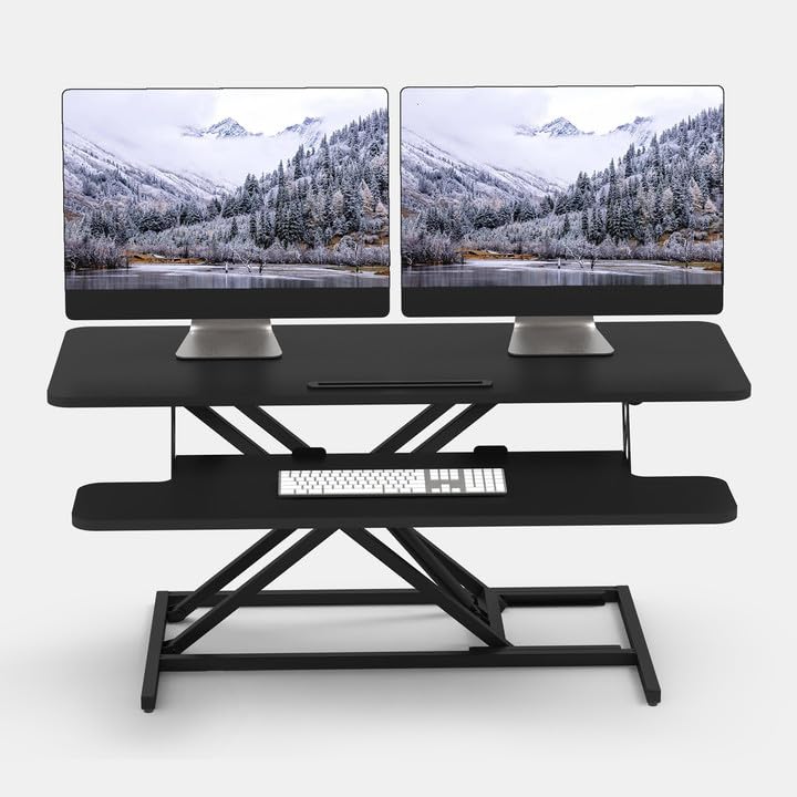 FITUEYES Sta-Bureau In Hoogte Verstelbare Bureau Omzetter Met Toetsenbordlade L91 x W40 x H (11-50,4) cm Geschikt Voor PC Laptop Computerscherm, Eiken