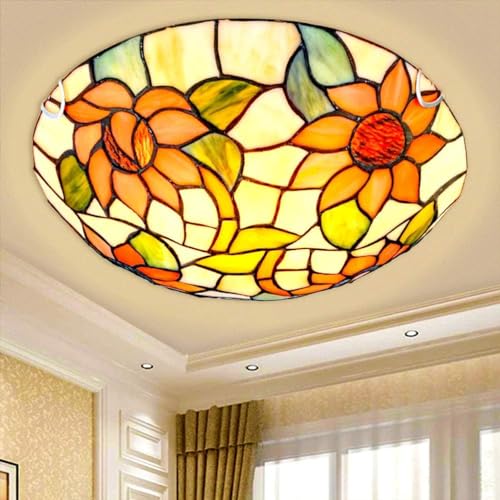 OOWOKS Lámpara de techo vintage para salón Estilo Tiffany Lámpara de techo retro E27 Elegante Iluminación de techo redonda Flor Arte Pantalla de lámpara de cristal Instalación empotrada,40cm