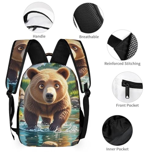 Bear Crossing The River Cartoon Backpack Set 3 Piece, Durable Backpack Insulated Lunch Bag Portable Pencil Case for Men Women3