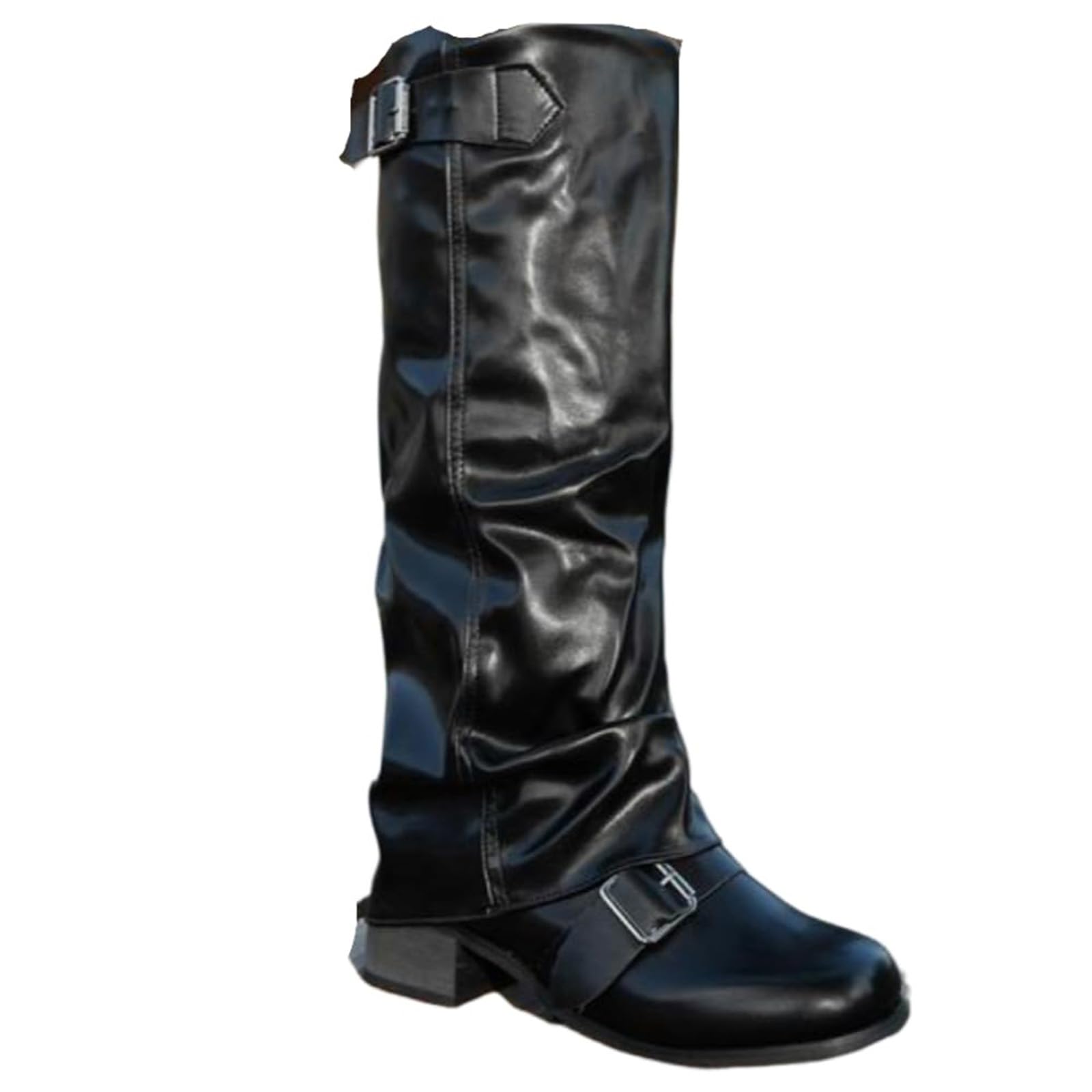 Womens Knee High Boots Casual Round Toe Trouser Leg Boot Female All-Match Trendy Shoes Vintage Pull On Wide