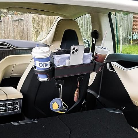 UILB Tesla Rear Seat 2 Cup Holder, Car Rear Seat Two Big Cup Holder, Backseat Oraginzer, Side Cup Holder with Two Cup Holder, DIY Position, Storage Box for Money, Card, Holding Phone, Wallet Cover