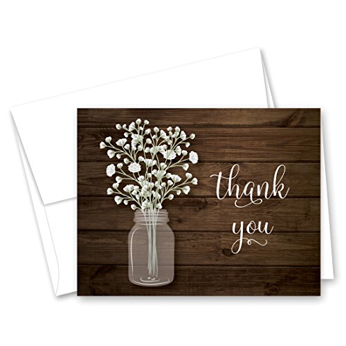 MyExpression.com 50 Baby Breath in Mason Jar Wedding Thank You Cards + Envelopes