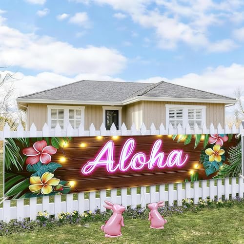 Image of 78.7 x 17.7 Inch Aloha Banner Hawaiian Luau Party Decorations Tropical Summer Yard Decorations Wood Floral Fence Sign Seasonal Outdoor Decor