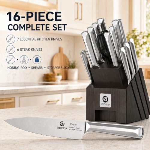 Image of imarku 16PCS High Carbon Stainless Steel Knife Set, Sharp & Durable | Kitchen Knife Set With Block, Ergonomic Non-Slip Handles, Durable Steel Blades And Balanced Design For Comfortable Prep