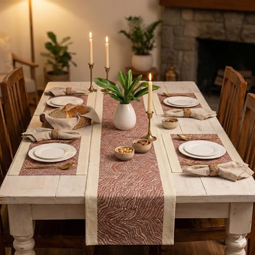 Image of YELONA Placemats and Table Runner Set - Heat Resistant, Non-Slip & Washable PVC Vinyl Dining Table Mats - Walnut Brown (4 Placemats: 45x30 cm, 1 Runner: 180x30 cm)