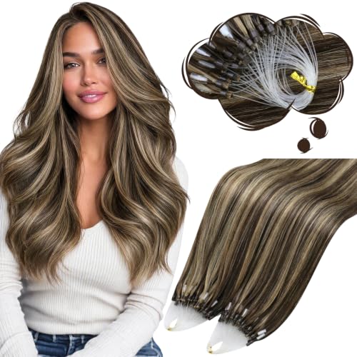 Moresoo Microlink Hair Extensions Human Hair, Caramel Brown Highlight