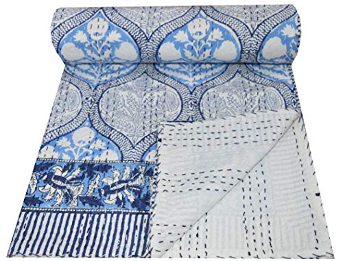 V Vedant Designs Hand Block Print Kantha Quilt Throw Cotton Bedding Blanket Twin Bohomain Bedspread Quilt