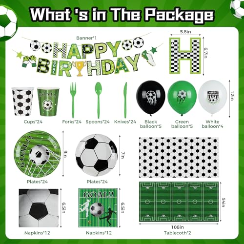 185 Pcs Soccer Party Decorations Soccer Birthday Party Decorations Serves 24, with Plates Napkins Cups Fork Knives Spoon Tablecloth Banner Balloons Sports Soccer Decorations for Party - image 2