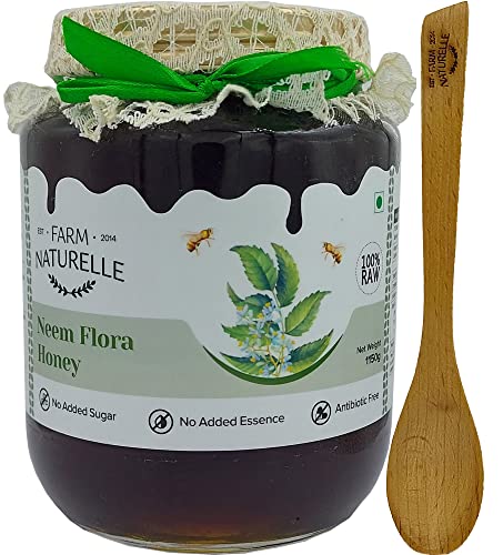 Image of Farm Naturelle Neem Forest Flower Wild Honey 1.15kg |100% Pure Honey | Raw & Unfiltered|Unprocessed|Lab Tested Honey In Glass Jar with Engraved Virgin Wooden Spoon