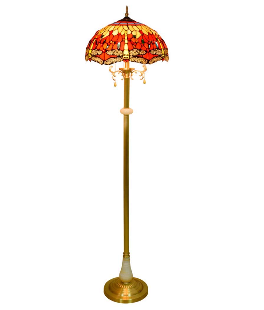 Aioneer 16-Inch Vintage Tiffany Style Dragonfly Floor Lamp - Stained Glass Uplighter For Living Room & Bedroom Decorative Standing Light With Jade Accents E27 40W-16inch