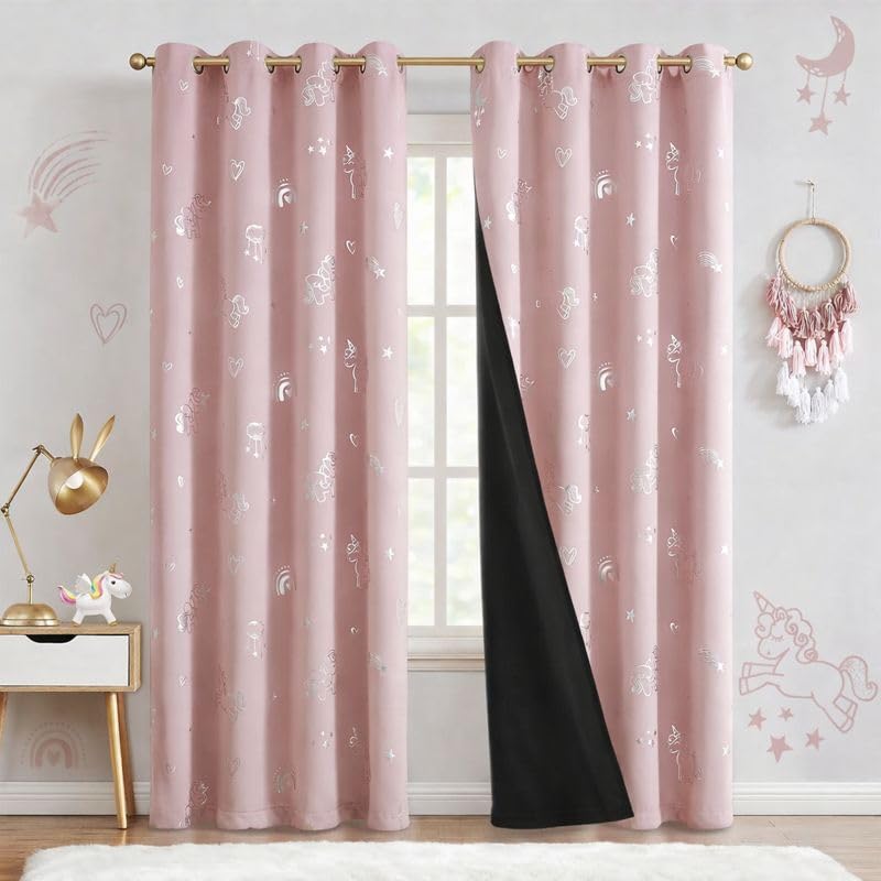 Image of BFAM Kids Blackout Curtains 7 feet Set of 1 - 100% Room Darkening, Thermal Insulated, Noise Reducing, Cute Unicorn Pink Prints, Eyelet Curtains for Playroom, Bedroom & Nursery, Pack of 1 Curtain