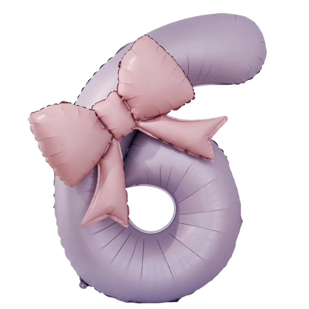 FASHION YO 40'' Pink Number with Bow Balloon, Self Inflating Foil Light Pink Set 0-9, Pastel Pink Helium Balloon for Girls Birthday Party Decorations Anniversary Supplies (Purple, Number 6) โ image 1